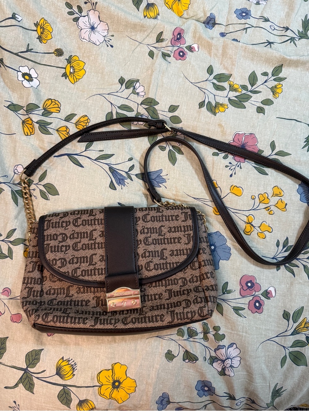 Juicy Couture Brown Logo Crossbody with Black Trim and Gold Hardware